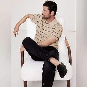 BANANA REPUBLIC Men’s Cotton-Blend Sweater Polo Tan with Black Stripes Size L